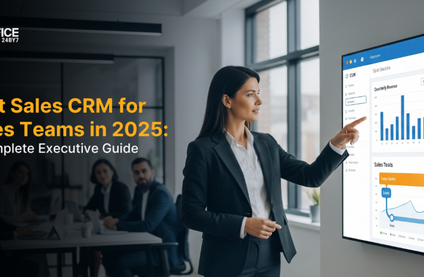 A professional woman in formal attire presents CRM analytics on a large digital screen to a boardroom of executives. The dashboard displays sales metrics, pipeline stages, and trends. The banner highlights Office24by7's guide to choosing the best Sales CRM in 2025.