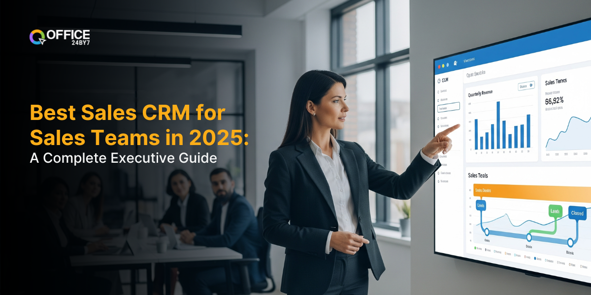 A professional woman in formal attire presents CRM analytics on a large digital screen to a boardroom of executives. The dashboard displays sales metrics, pipeline stages, and trends. The banner highlights Office24by7's guide to choosing the best Sales CRM in 2025.