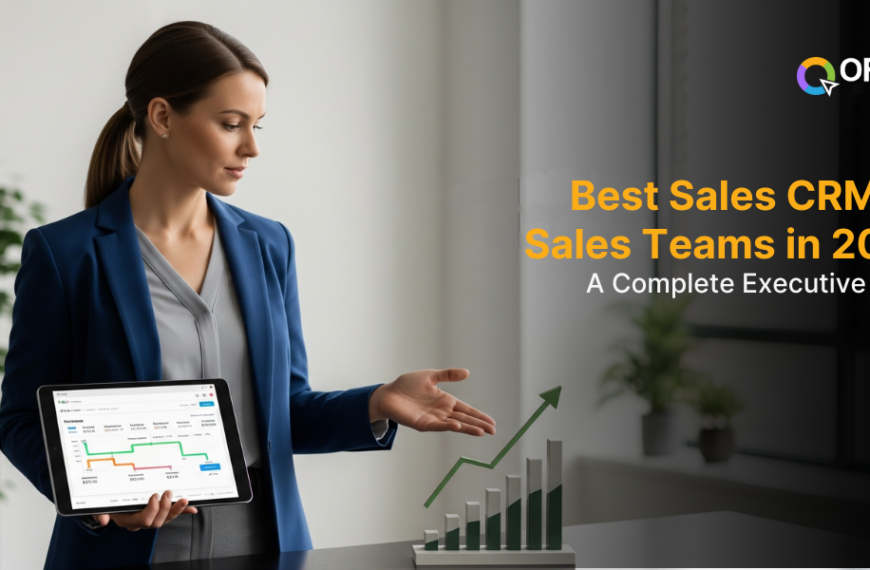 A female sales executive in a blue blazer holds a tablet with a CRM dashboard on the screen. The dashboard shows a line graph with an upward trend. Her other hand is gesturing toward a physical 3D bar graph on the table, which also shows an upward trend. The image's title, 