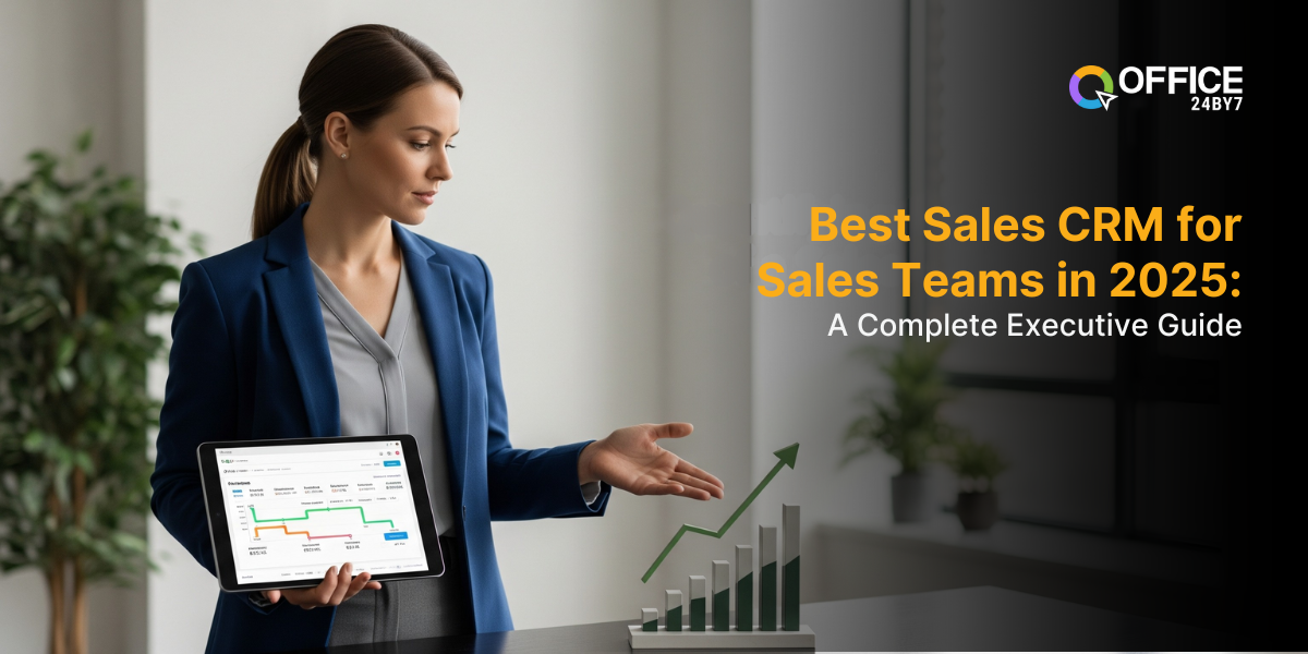 A female sales executive in a blue blazer holds a tablet with a CRM dashboard on the screen. The dashboard shows a line graph with an upward trend. Her other hand is gesturing toward a physical 3D bar graph on the table, which also shows an upward trend. The image's title, 