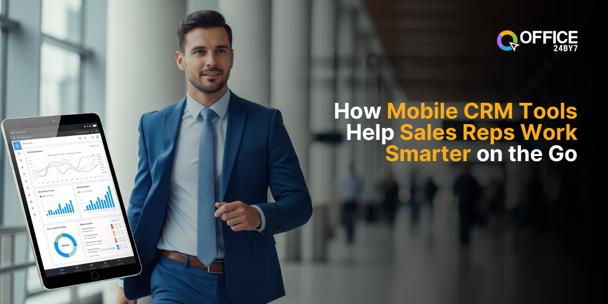 Business professional using mobile CRM tools on a tablet to manage sales data on the go
