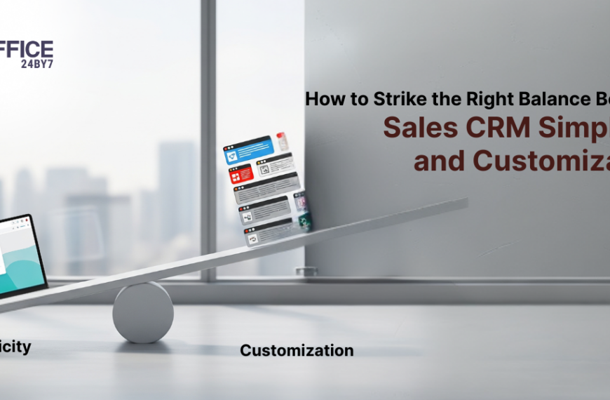 Illustration showing a colorful see-saw balancing CRM Simplicity on one side and Customization on the other, visually representing the concept of finding the right balance between simplicity and customization in Sales CRM. The scene is modern and business-oriented, with large, readable title text: 'How to Strike the Right Balance Between Sales CRM Simplicity and Customization.' The background features an office environment, and the see-saw highlights the contrast between a simple laptop screen and detailed, customizable interface modules.