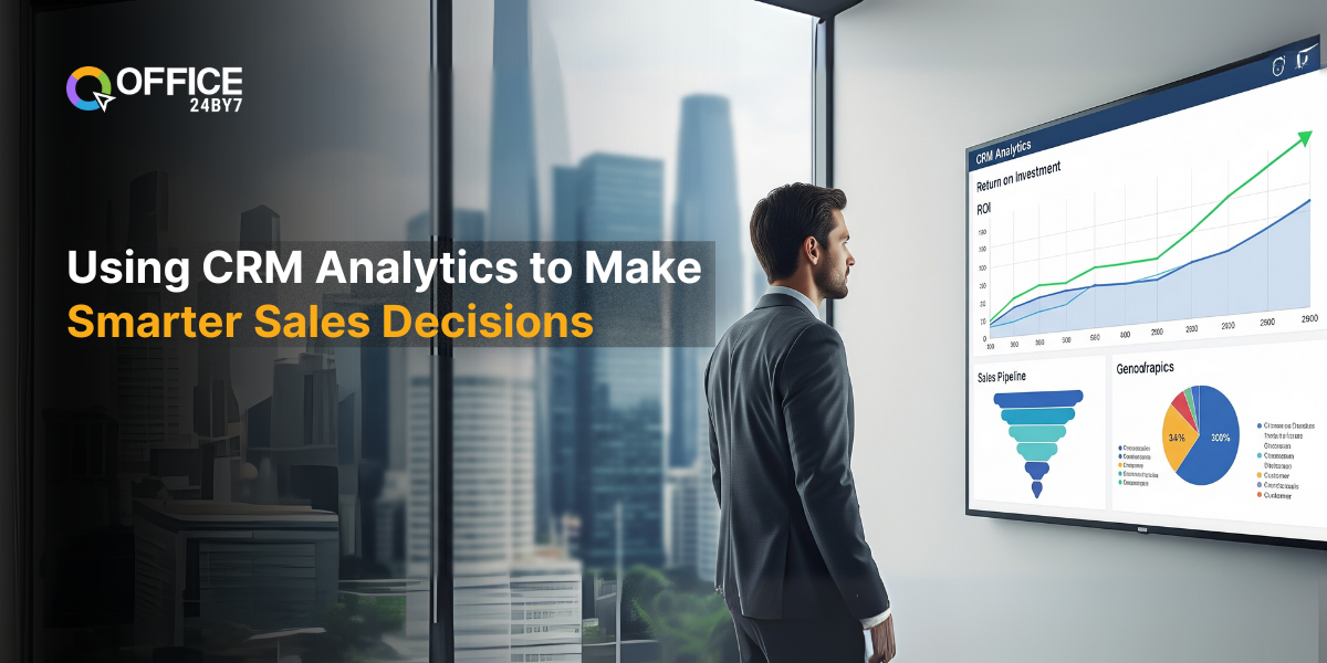 A business professional in a suit stands in a modern office, examining a large screen displaying CRM analytics with charts and graphs showing sales pipeline, return on investment, and customer demographics. The city skyline is visible through the office windows, and the text 