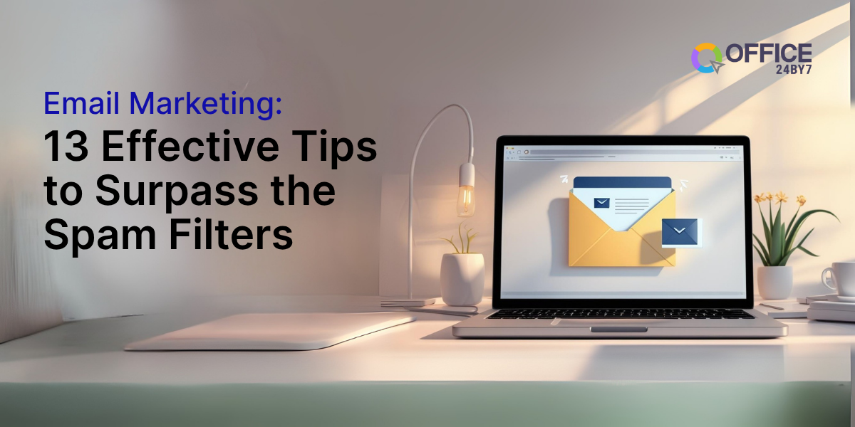 Laptop on a desk displaying an email icon with envelope graphics, representing strategies to avoid email spam filters using smart email marketing tips by Office24by7.