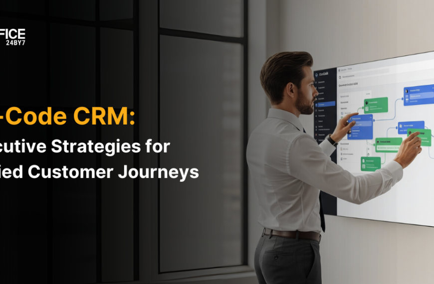 A professional executive interacts with a large digital screen displaying a no-code CRM workflow builder. The banner reads, “No-Code CRM: Executive Strategies for Unified Customer Journeys,” highlighting Office24by7’s intuitive, code-free CRM platform.