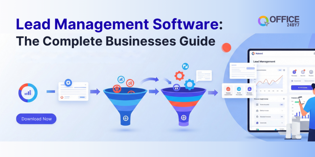 An illustrated banner by Office24by7 titled “Lead Management Software: The Complete Businesses Guide.” It visually explains the lead journey through funnels—capturing, nurturing, and converting, ending with a CRM dashboard interface displaying analytics and lead stages.