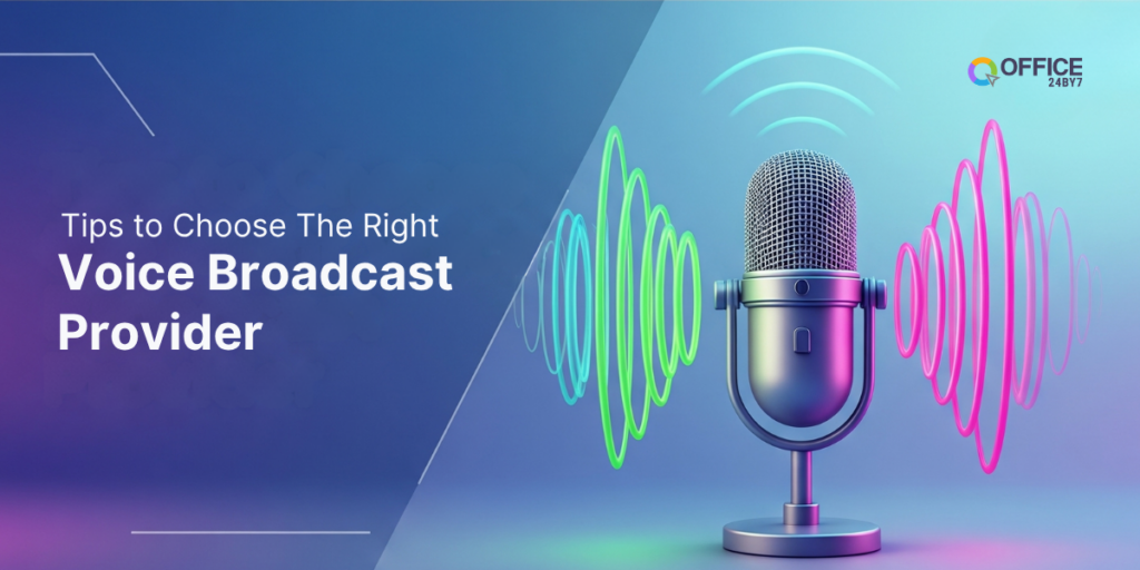 Colorful digital illustration of a studio microphone with vibrant soundwaves and gradient background, representing voice broadcasting, alongside the text "Tips to Choose the Right Voice Broadcast Provider" and Office24by7 logo.