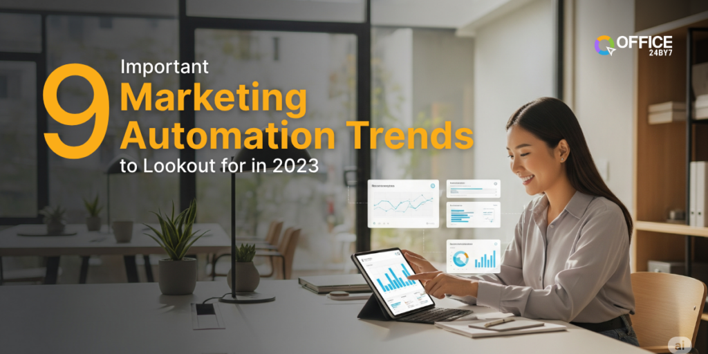 A professional woman works on a tablet displaying marketing analytics dashboards, representing automation trends, with bold text reading "9 Important Marketing Automation Trends to Lookout for in 2023" in a modern office setting; Office24by7 logo is visible in the top right.