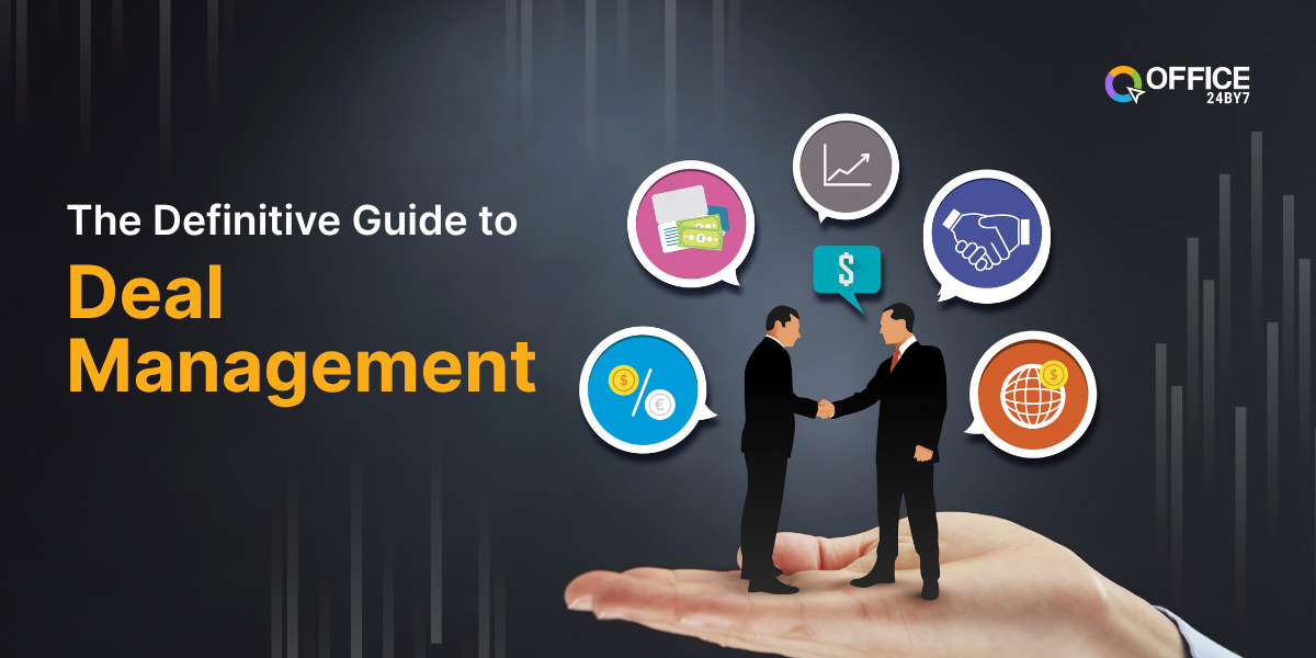 Illustration of two business professionals shaking hands while standing on a giant open palm, surrounded by icons representing finance, deals, analytics, and partnerships, with the headline 