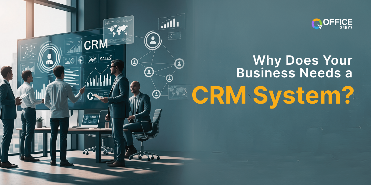 Corporate professionals in formal attire discuss CRM analytics displayed on a large interactive screen in a modern office, with the text 